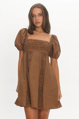 Highlight Reels Puff Sleeve Lace Mini Dress Chocolate