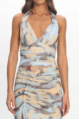 Luli Ruched Halterneck Maxi Dress Abstract Light Blue