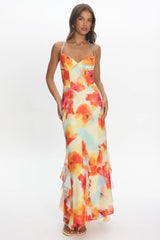 Charlisa Watercolour Floral Halter Maxi Dress Orange
