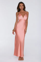 Pearl Indulgence Satin Maxi Dress Peach