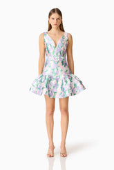 Lavina V-Neck Mini Dress in Green & Purple Floral
