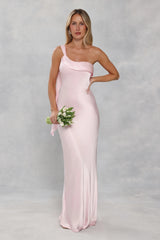 The Zafira One Shoulder Satin Maxi Dress Light Pink