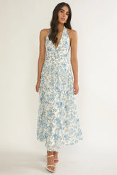 She's Glowing Halterneck Ruffle Dress Floral Blue