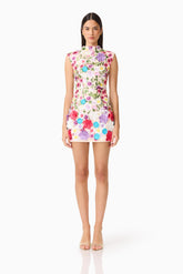 Rosette Sleeveless Mini Dress in Multi Floral
