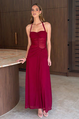 Gabrielle Halterneck Mesh Maxi Dress - Burgundy