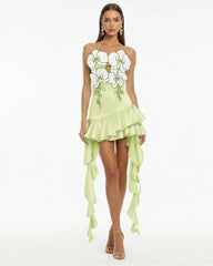 Orchid Embroidered Ruffle Hem Mini Dress - Light Green