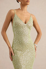 Minna | Sage Sheer Sequin Plunge-Neck Maxi Dress