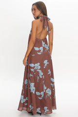Cheer Backless Halter Maxi Dress Print Floral Chocolate