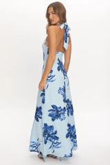 Lioren Plunging Halterneck Maxi Dress Floral Blue