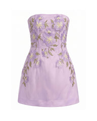 Floral Embroidered Strapless Corset Mini Dress - Light Purple