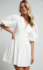 Zandra Mini Dress - Puff Sleeve Poplin Dress in White