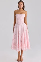 Belissa Pink Strapless Custom Lace + Broderie Anglaise Midi Dress