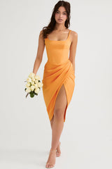 tangerine satin pleated corset midi dress
