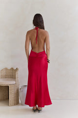 Got A Feeling Halter Satin Maxi Dress Red