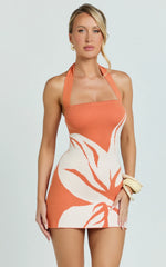 Amy Mini Dress Knit Straight Halter Neck Bodycon Dress in Orange Intarsia Print