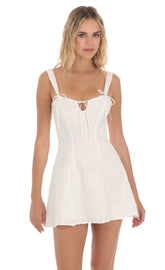 Textured Floral Triple Ties Dress in White