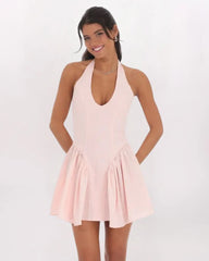 STRIPED CRINKLE HALTER DRESS