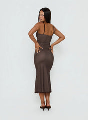 Delaney V Neck Frill Midi Dress Brown / Pink Polka Dot