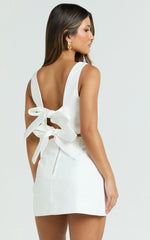 Sia Two Piece Set - Tie Back Boat Neck Crop Top and Mini Skirt Set in White