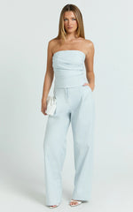 Ella Two Piece Set - Ruched Strapless Top and Tailored Pants in Blue