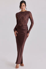 espresso brown lace + satin draped maxi dress