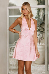 Silken Bloom Satin Halter Mini Dress Pink