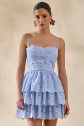 Powder Blue Lace Square-Neck Mini Dress With Ruffled Detailing