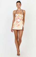 Robyn Mini Dress Square Neck Halter Neck Faux Wrap Dress in Retro Flower Border Print