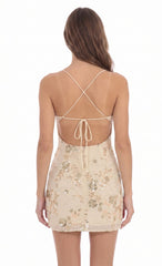 Sequin Floral Mini Dress in Champagne