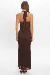 Karmella Ruched Halterneck Maxi Dress Chocolate
