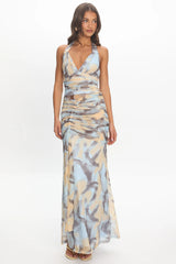 Luli Ruched Halterneck Maxi Dress Abstract Light Blue