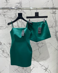 YSL Waist-cinching Slip Dress Teal Green Satin