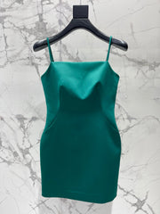 YSL Waist-cinching Slip Dress Teal Green Satin
