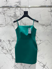 YSL Waist-cinching Slip Dress Teal Green Satin