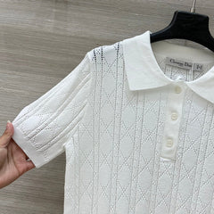 CD 25 Hollow Polo Knitted Short-sleeved Top White Silk Wool