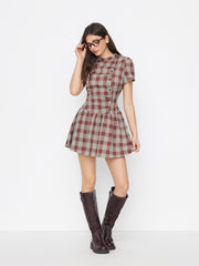 Plaid Stand Collar Puff Sleeve Tie Back Button Mini Dress
