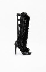 Women's Shaine Black Faux Fur Gladiator Sandal Boots