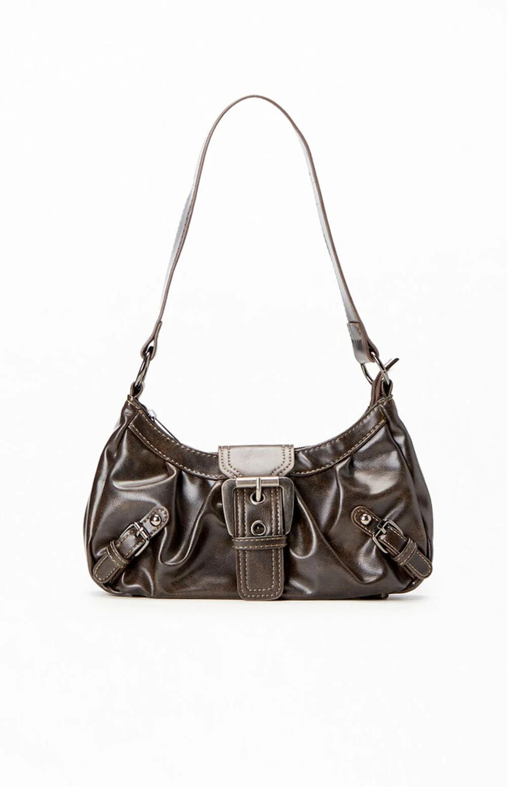 Brown Faux Leather Front Buckle Shoulder Bag
