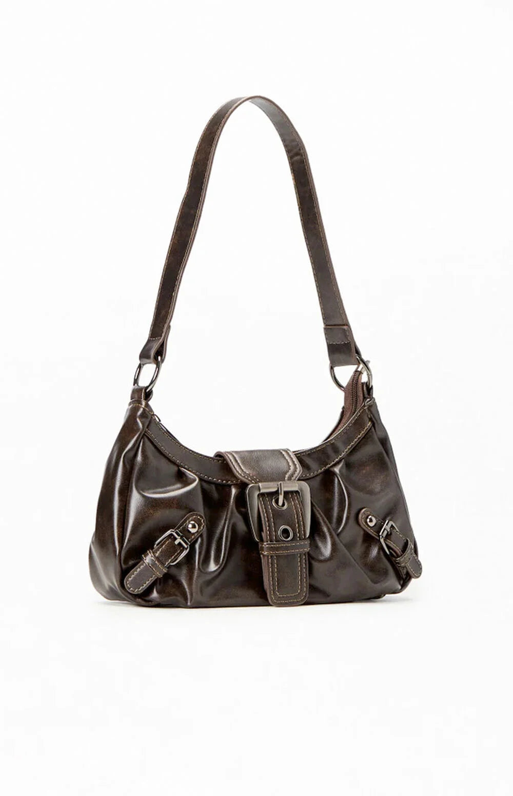Brown Faux Leather Front Buckle Shoulder Bag