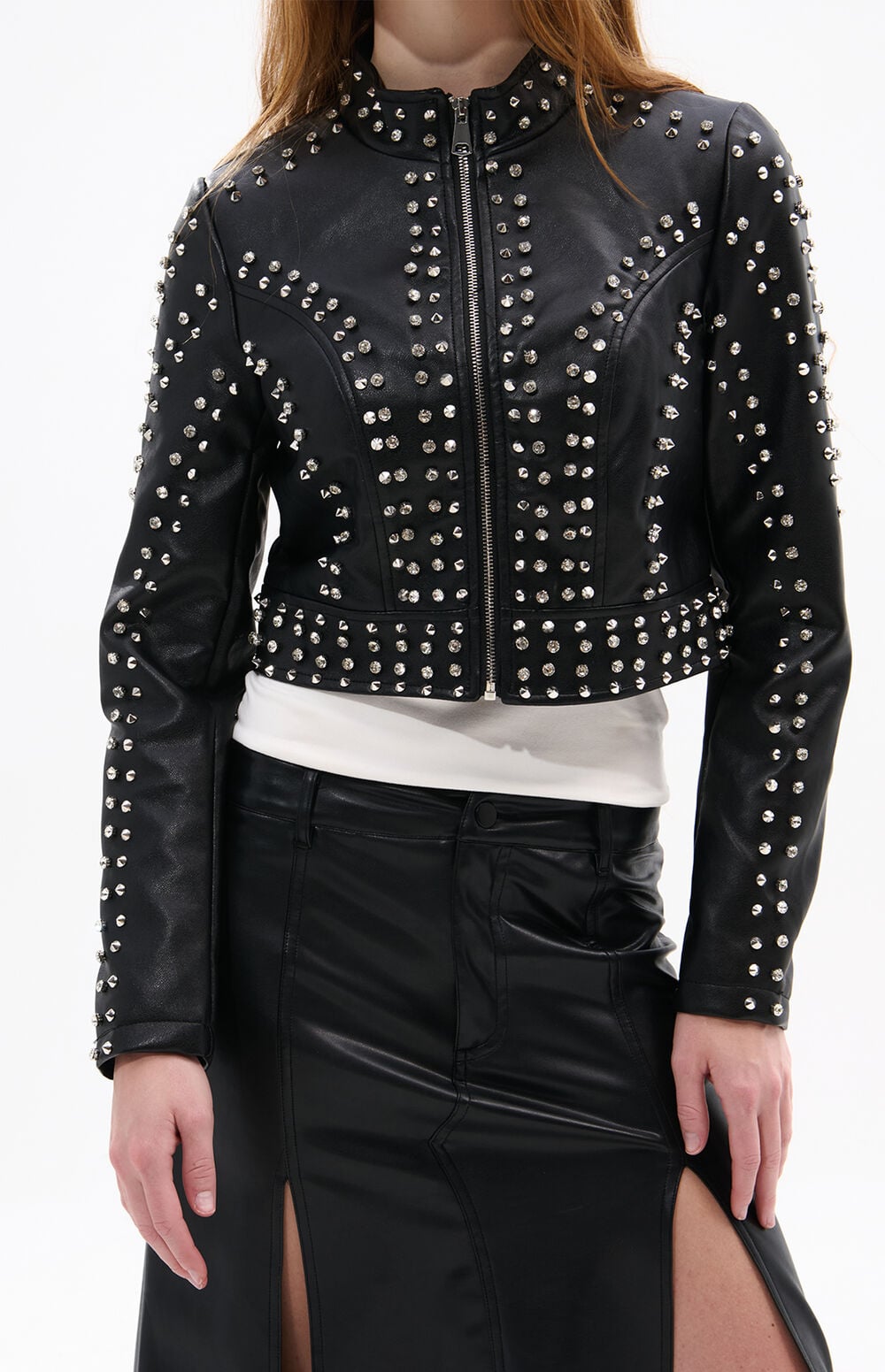 Silvia Crystal Faux Leather Moto Jacket