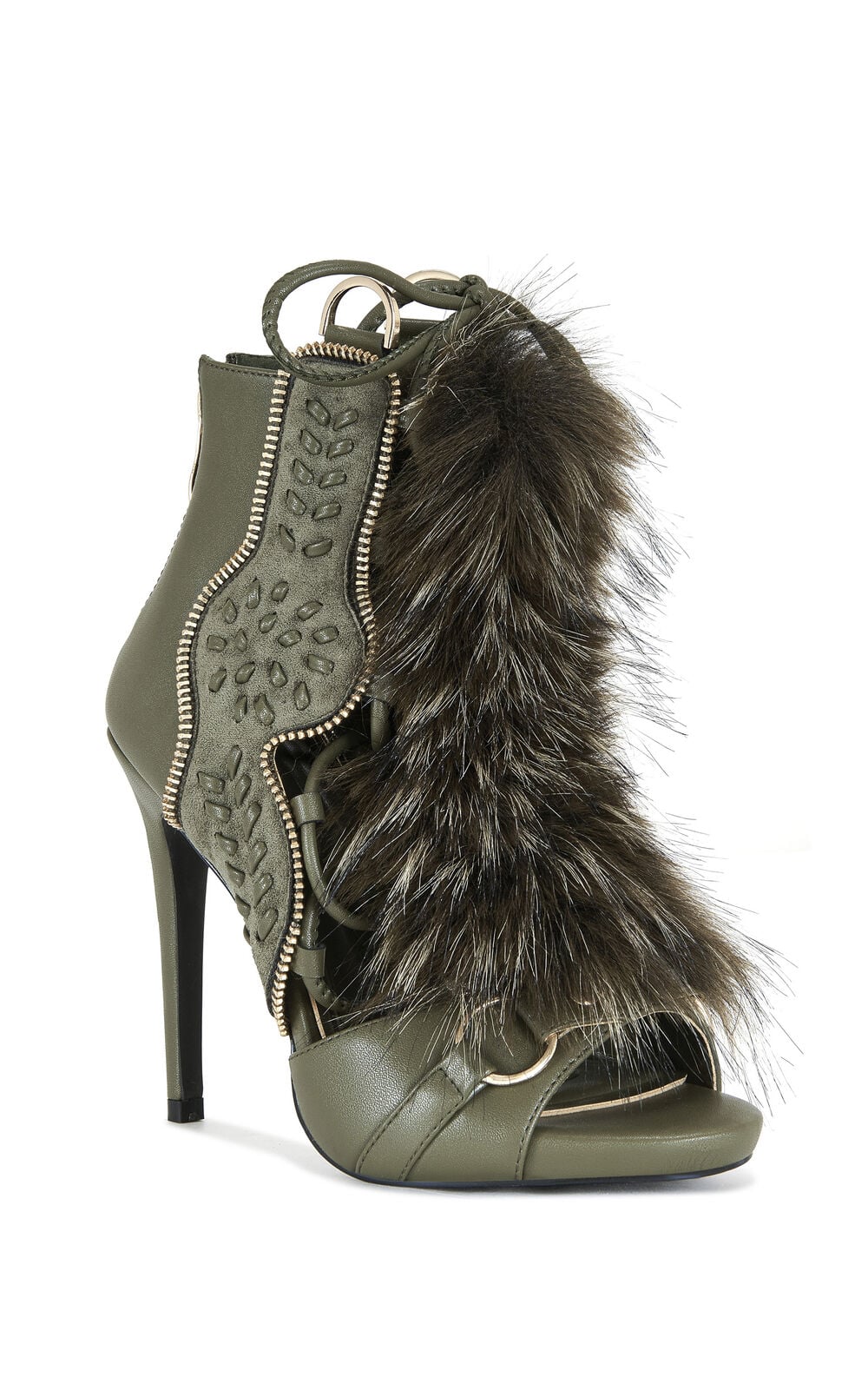 Women's Shainy Olive Faux Fur Gladiator Booties