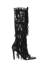 Women's Sameya Black Fringe Faux Leather Gladiator Sandal Boots
