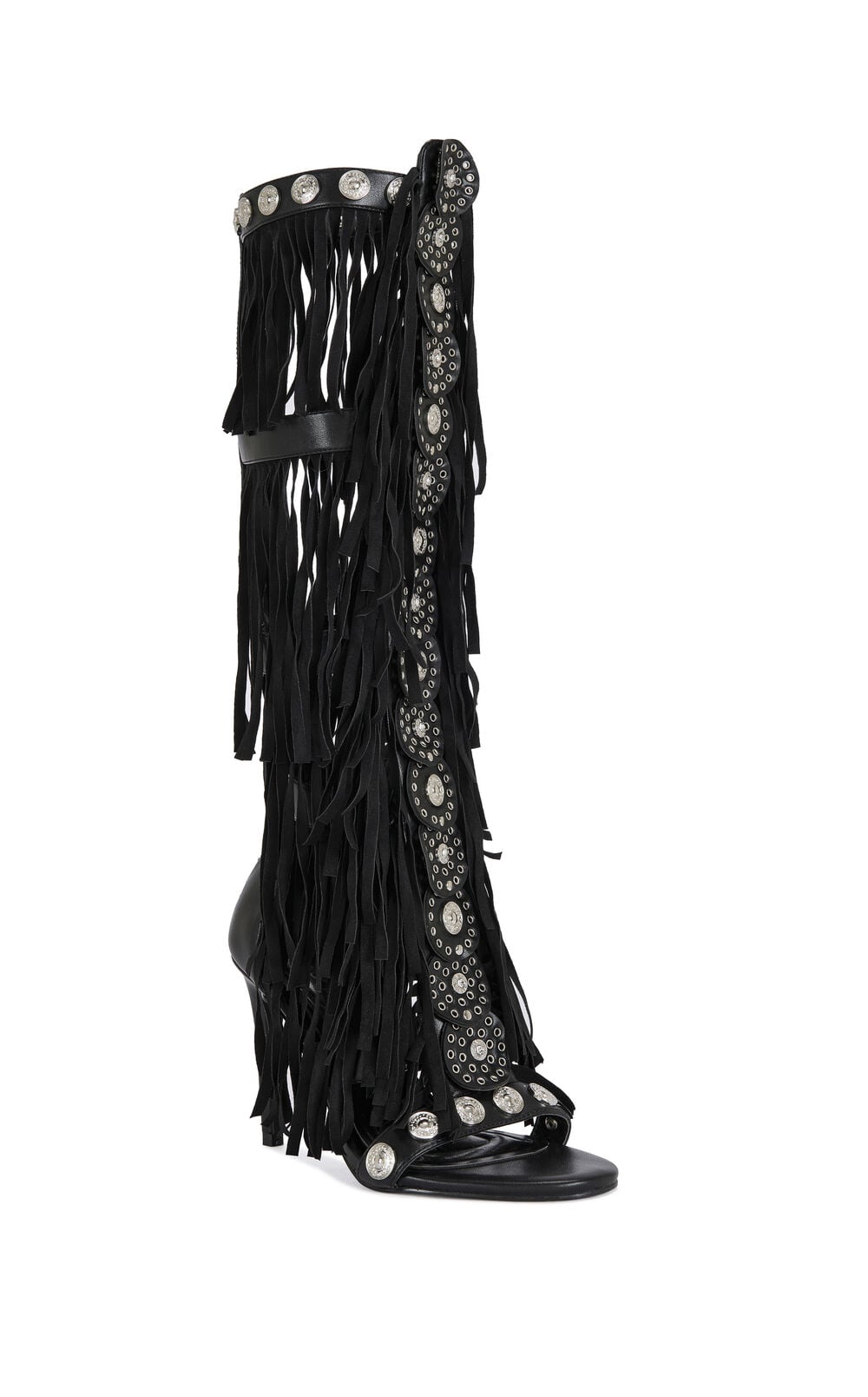 Women's Sameya Black Fringe Faux Leather Gladiator Sandal Boots