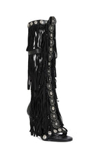 Women's Sameya Black Fringe Faux Leather Gladiator Sandal Boots