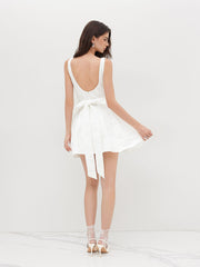 Jacquard U-neckline Floral Backless Bowknot Mini Dress In White