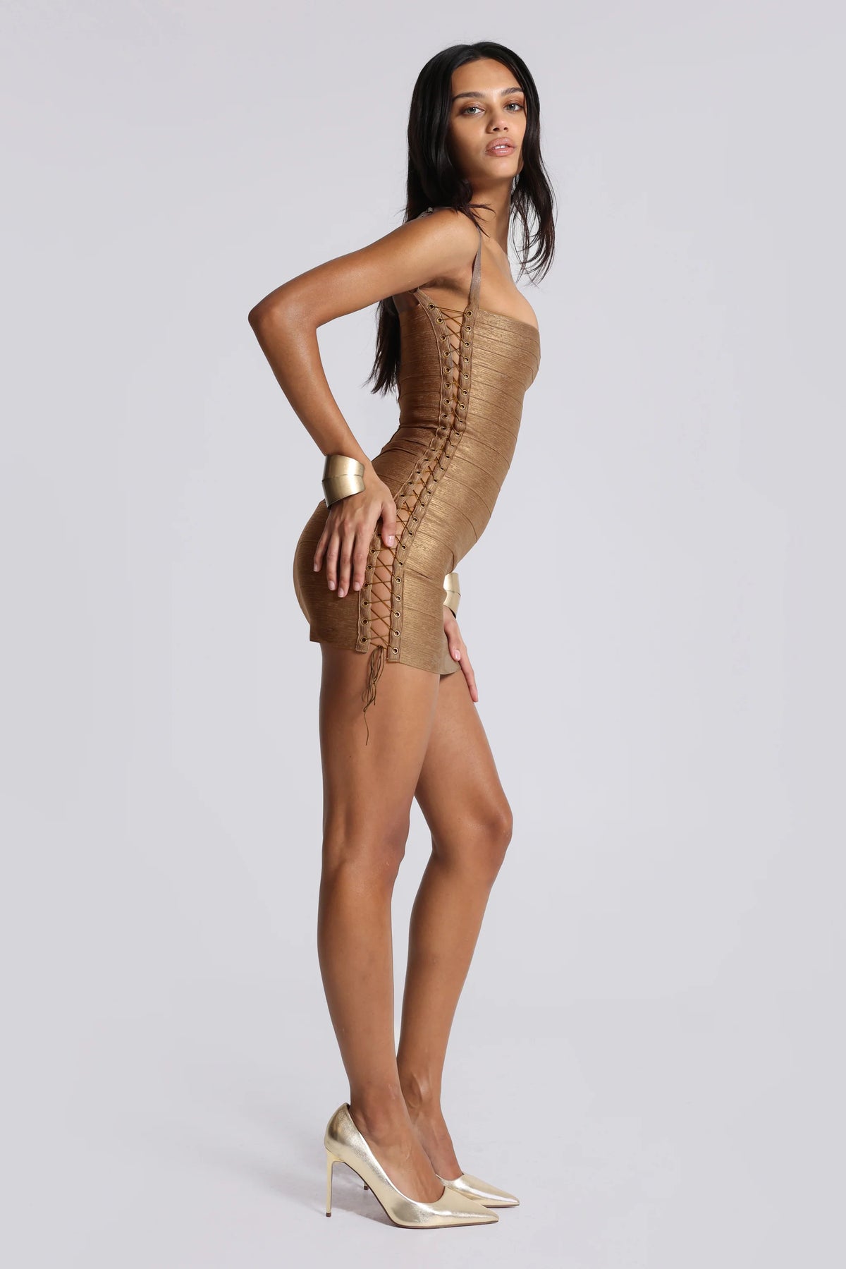 Idol Metallic Bandage Mini Dress in Bronze