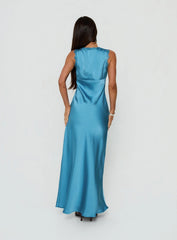 Damelia Tie Detail Lace Trim Maxi Dress Blue