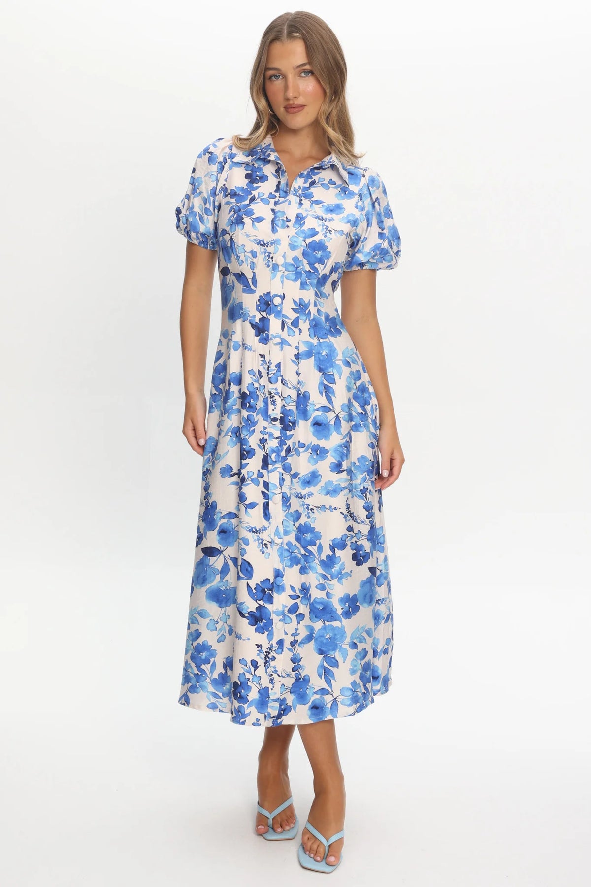 Kyrah Puff Sleeve Midi Dress Floral White