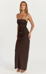 Rania Maxi Dress Contrast Lace Bodice Bias Cowl Drop Waist Dress in Chocolate