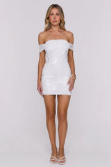 Saltwater Sonata Off Shoulder Mesh Mini Dress White
